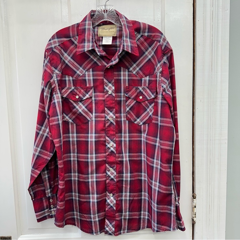Wrangler western wear pearl snap button down long sleeve plaid shirt men's large - Picture 2 of 5